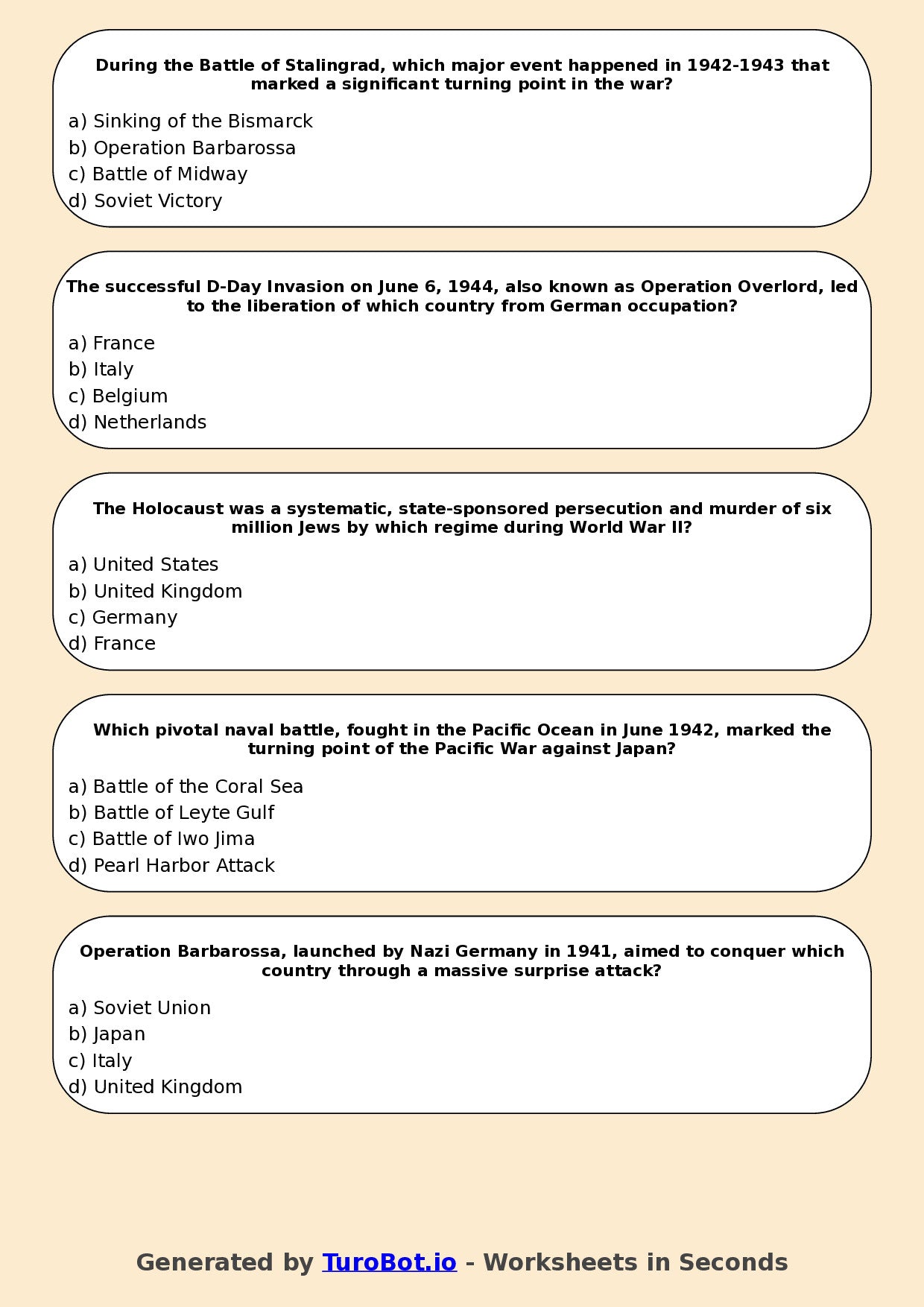 Year 9 History Multiple Choice Worksheet – World War II Key Events