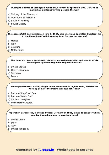 Year 9 History Multiple Choice Worksheet – World War II Key Events