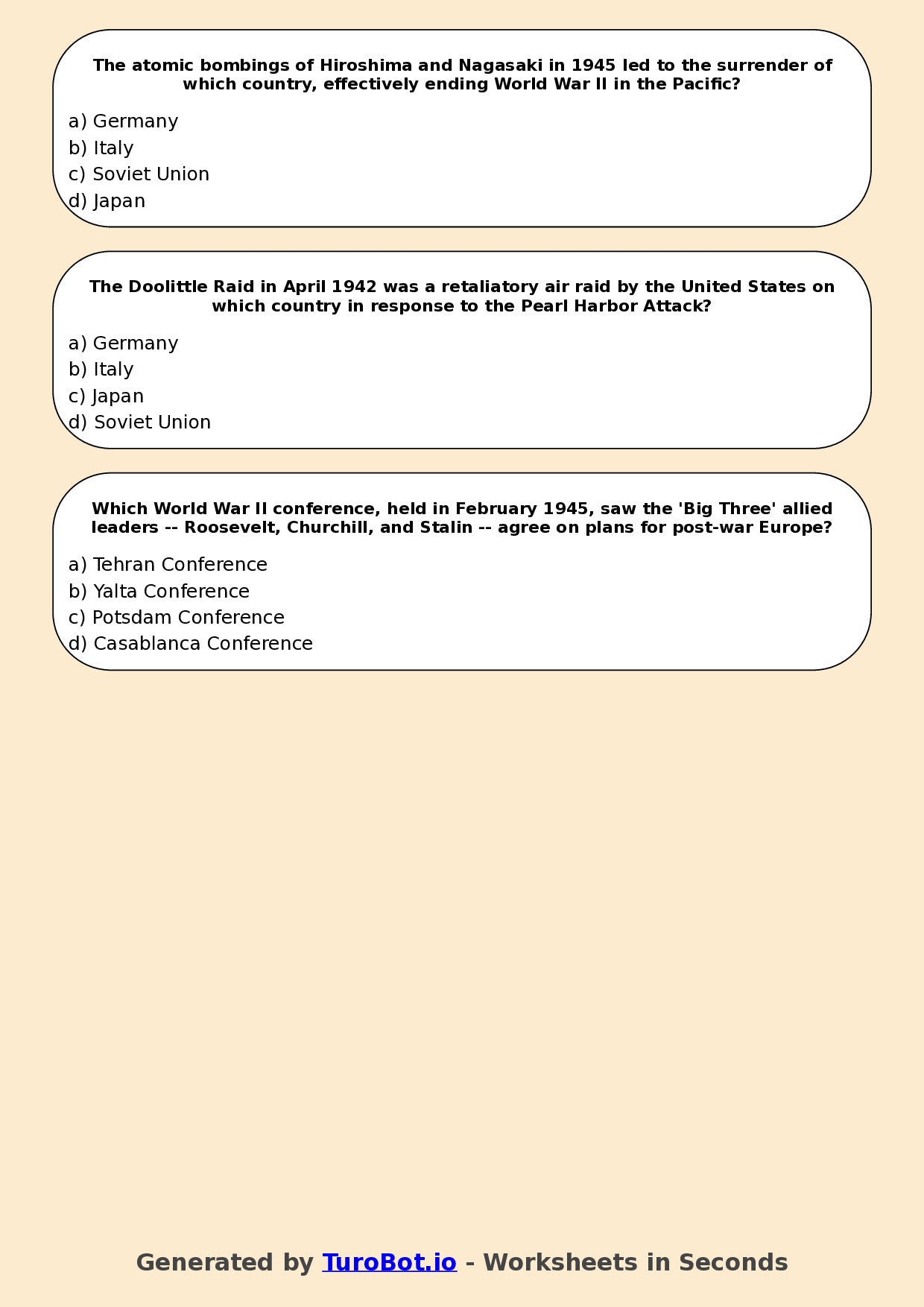 Year 9 History Multiple Choice Worksheet – World War II Key Events