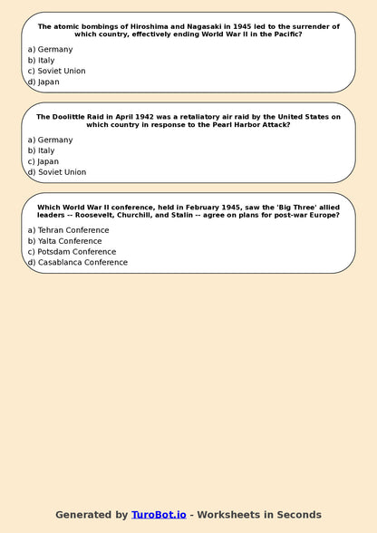 Year 9 History Multiple Choice Worksheet – World War II Key Events