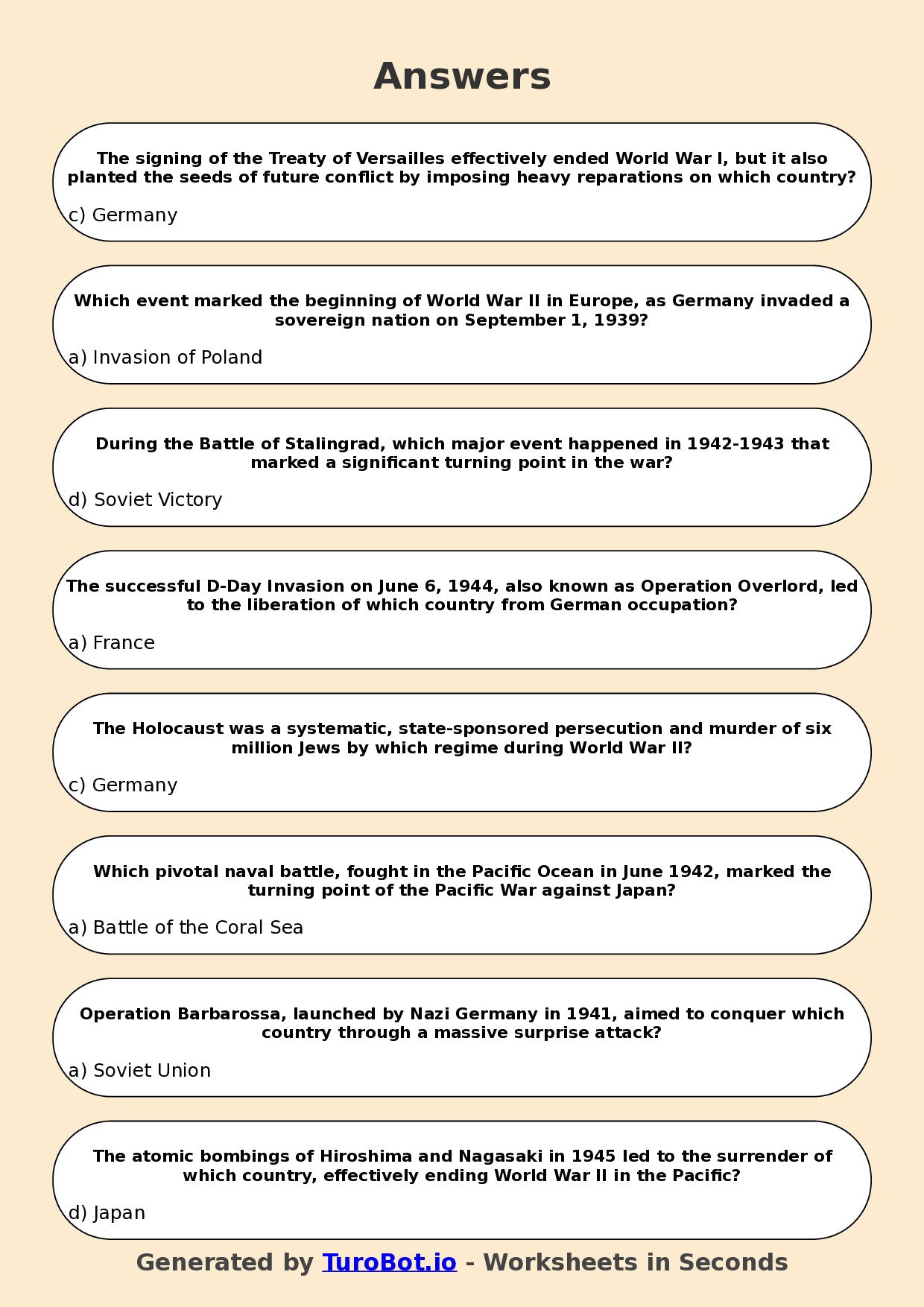Year 9 History Multiple Choice Worksheet – World War II Key Events