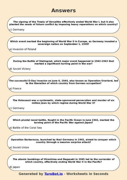 Year 9 History Multiple Choice Worksheet – World War II Key Events