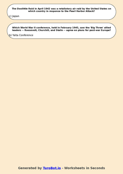 Year 9 History Multiple Choice Worksheet – World War II Key Events