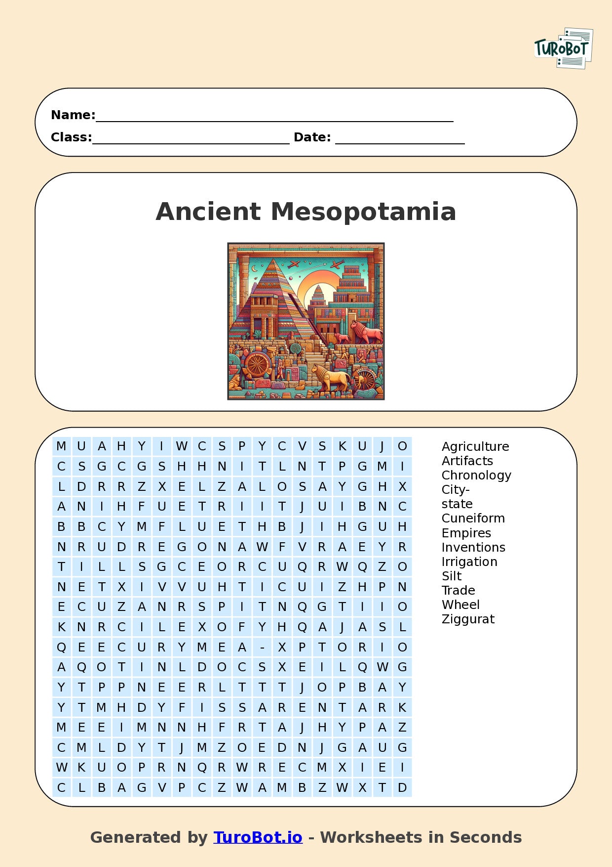 History - Year 5 - Find a Word - Ancient Mesopotamia – Free Find a Word Worksheet