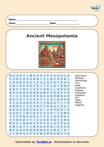 History - Year 5 - Find a Word - Ancient Mesopotamia – Free Find a Word Worksheet