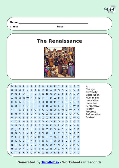 History - Year 7 - Find a Word - The Renaissance – Free Find a Word Worksheet