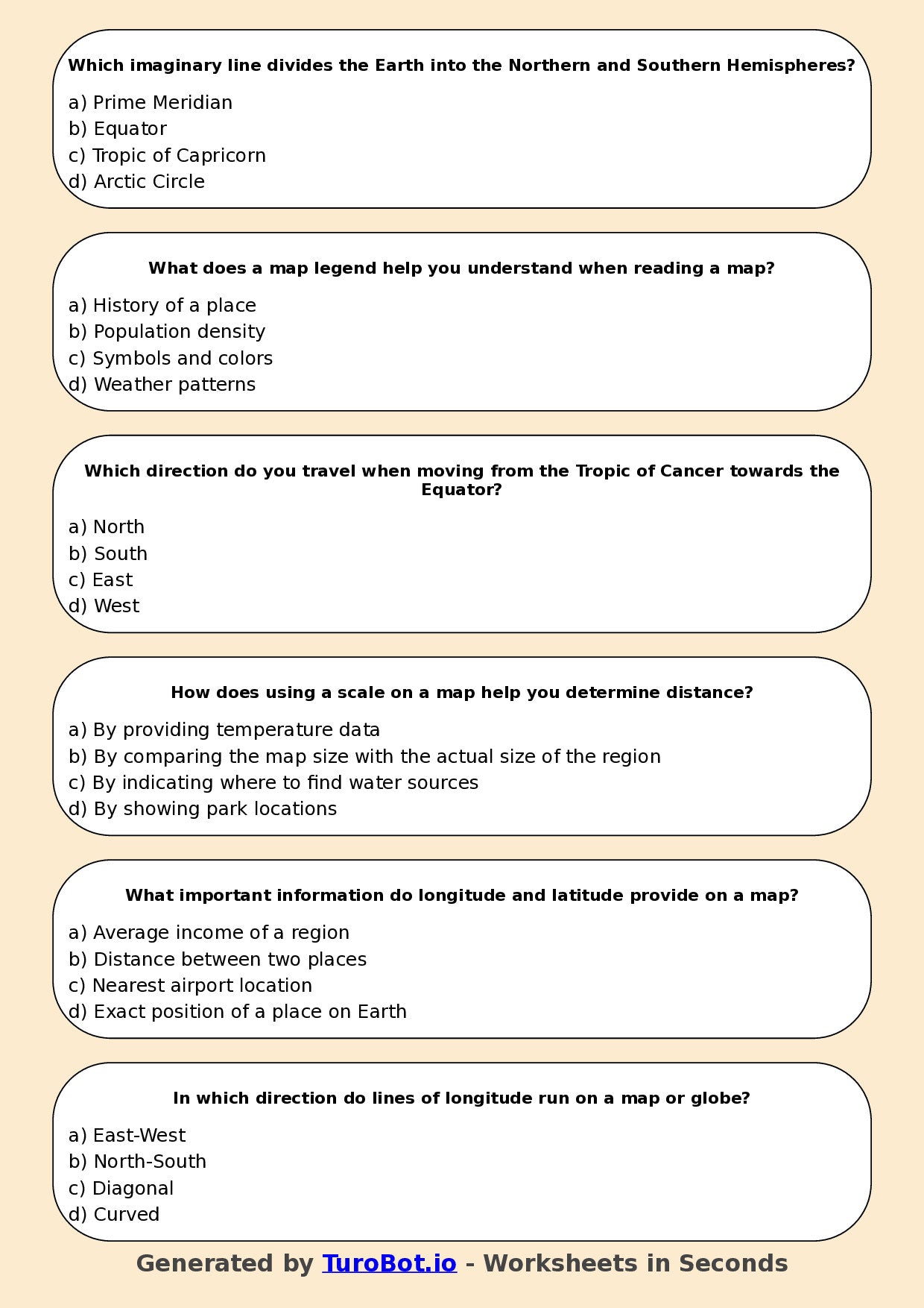 Year 5 Humanities Multiple Choice Worksheet – Reading Maps and Coordinates