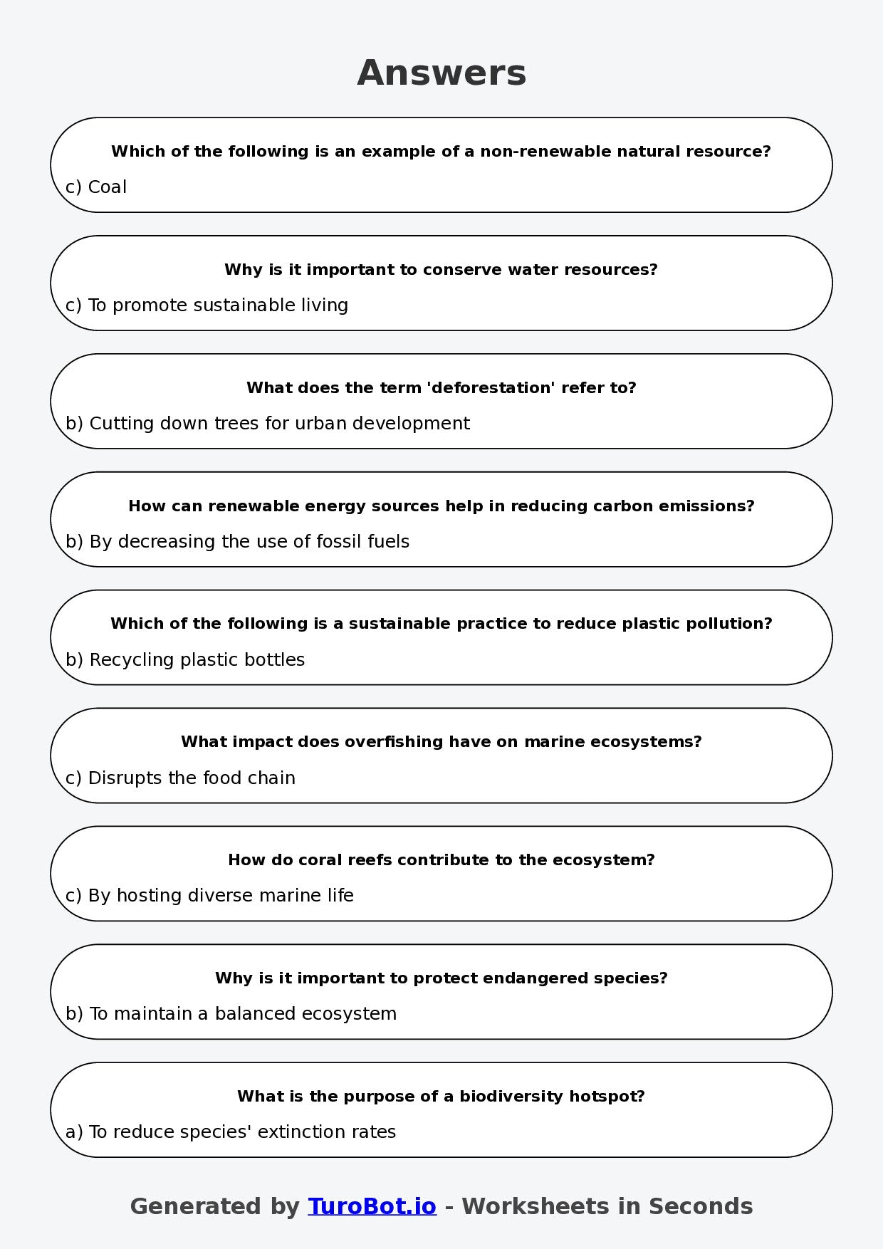 Year 6 Humanities Multiple Choice Worksheet – Natural Resources and Sustainability