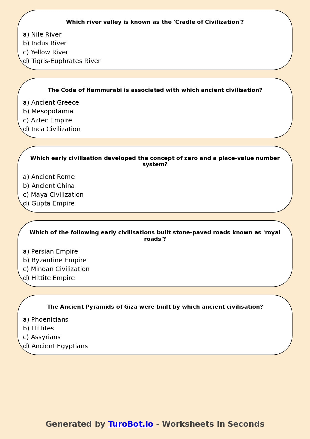 Year 7 Humanities Multiple Choice Worksheet – Early Civilisations Overview