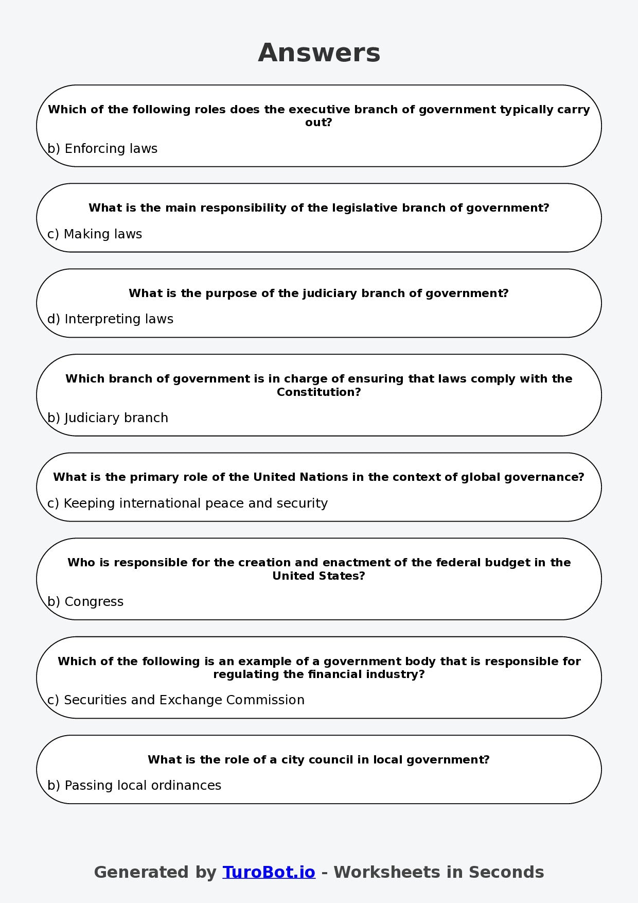 Year 8 Humanities Multiple Choice Worksheet – Government Roles and Responsibilities