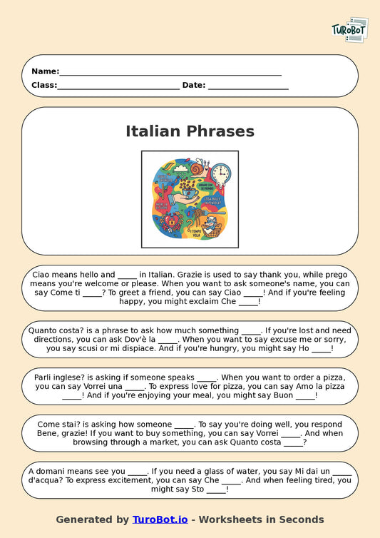 Year 6 Italian Fill in the Blanks Worksheet – Common Italian Phrases and Expressions