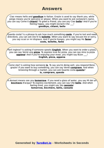 Year 6 Italian Fill in the Blanks Worksheet – Common Italian Phrases and Expressions