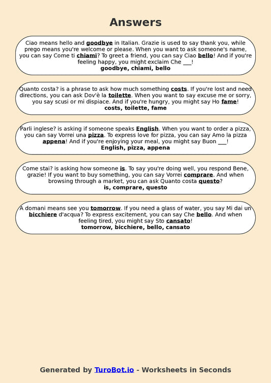 Year 6 Italian Fill in the Blanks Worksheet – Common Italian Phrases and Expressions