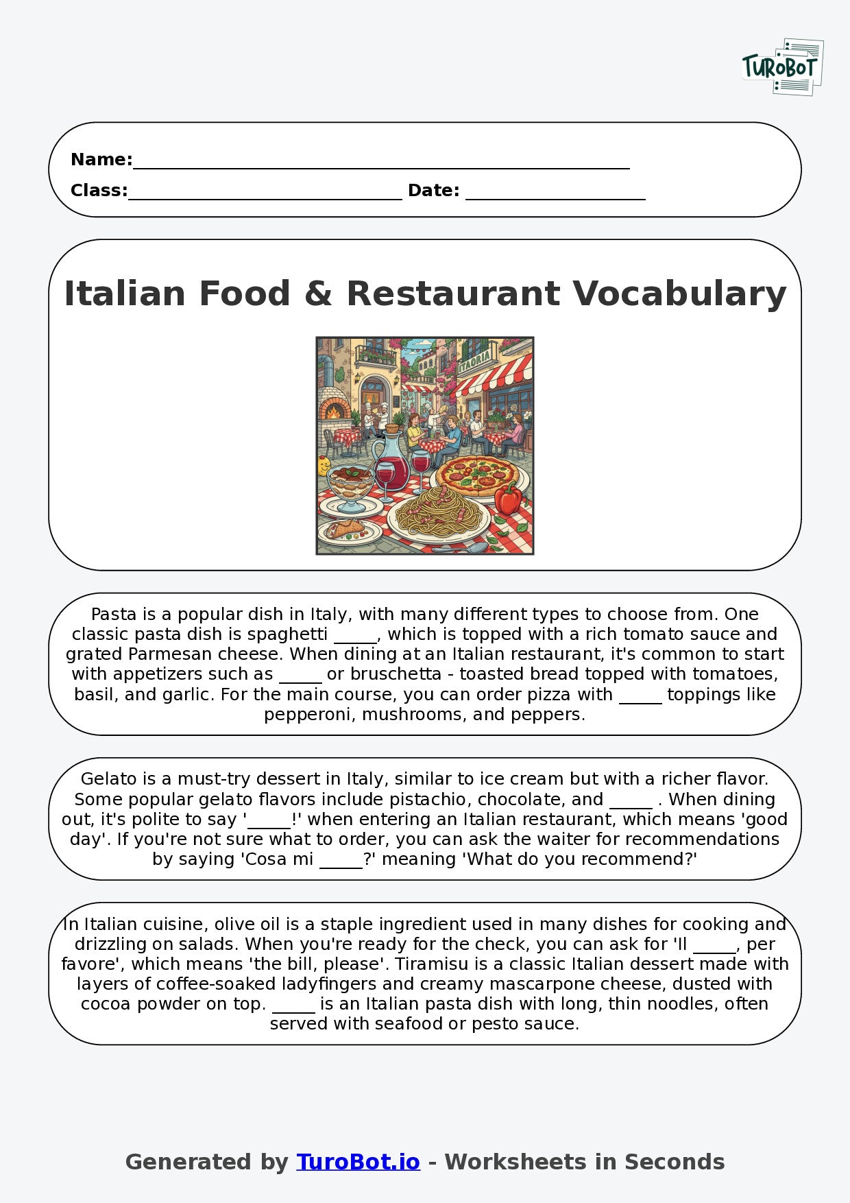 Year 7 Italian Fill in the Blanks Worksheet – Italian Food & Restaurant Vocabulary