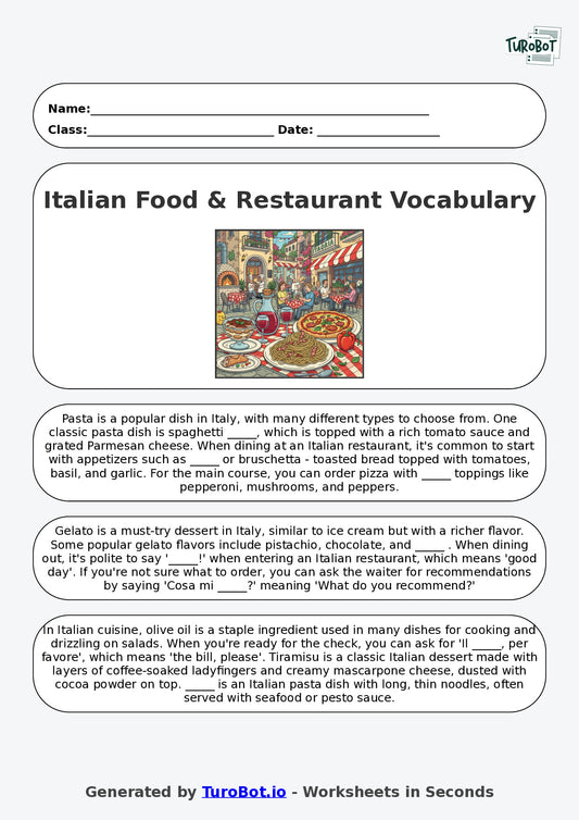 Year 7 Italian Fill in the Blanks Worksheet – Italian Food & Restaurant Vocabulary