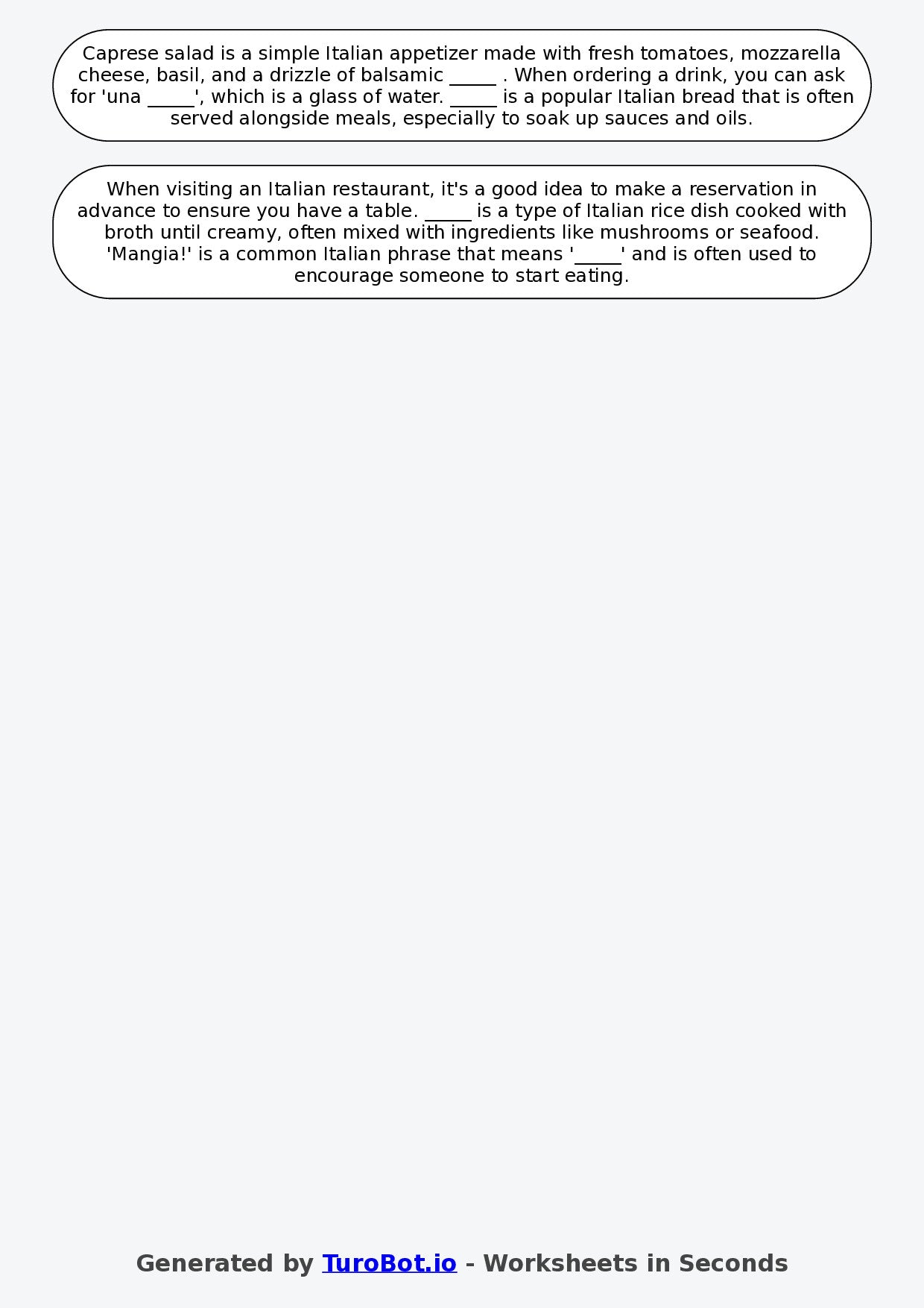 Year 7 Italian Fill in the Blanks Worksheet – Italian Food & Restaurant Vocabulary