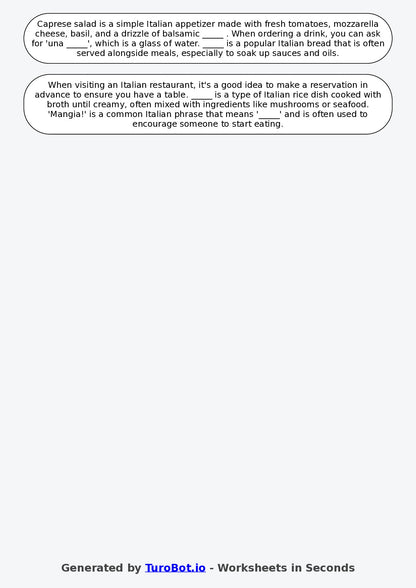 Year 7 Italian Fill in the Blanks Worksheet – Italian Food & Restaurant Vocabulary