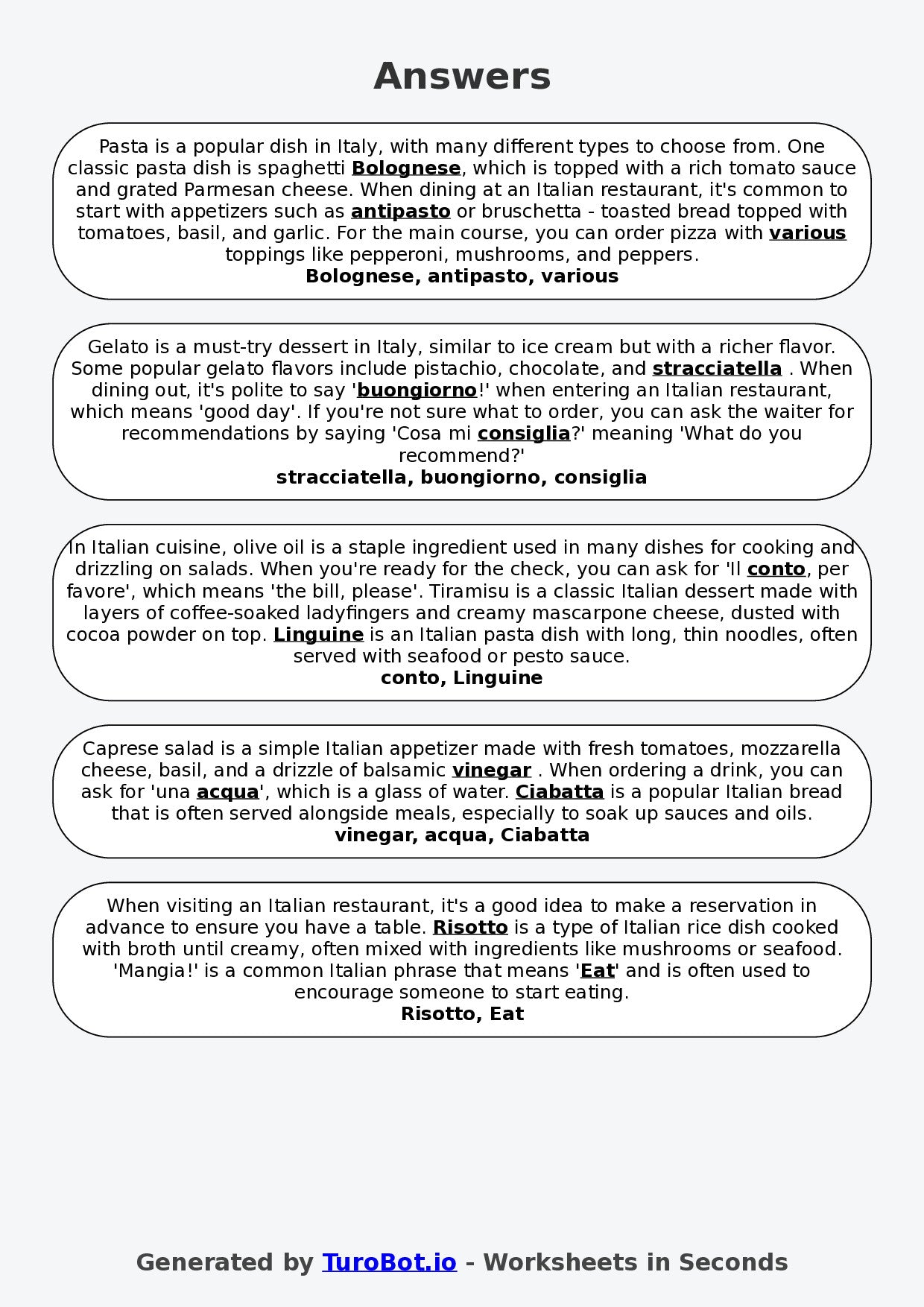 Year 7 Italian Fill in the Blanks Worksheet – Italian Food & Restaurant Vocabulary