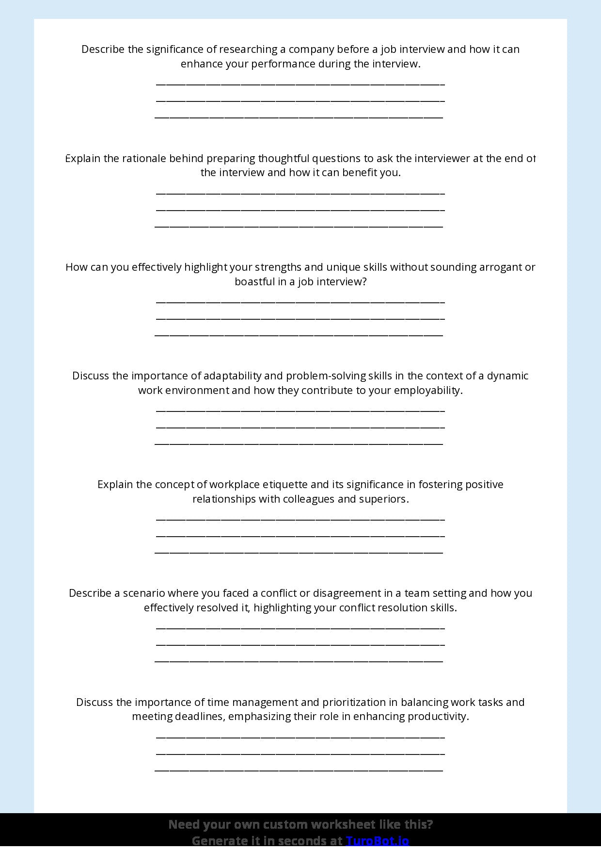Free Worksheet - Year 10 Life Skills Preparing for Job Interviews and Workplaces Short Answer Response