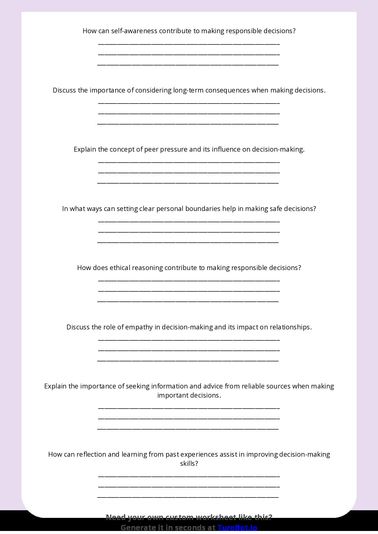 Free Worksheet - Year 11 Life Skills Making Safe and Responsible Decisions Short Answer Response