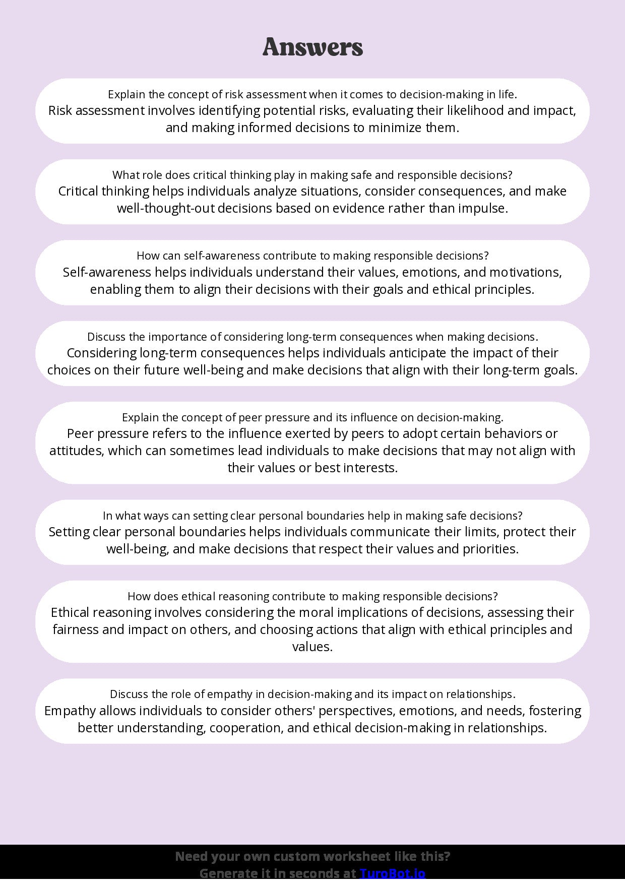 Free Worksheet - Year 11 Life Skills Making Safe and Responsible Decisions Short Answer Response