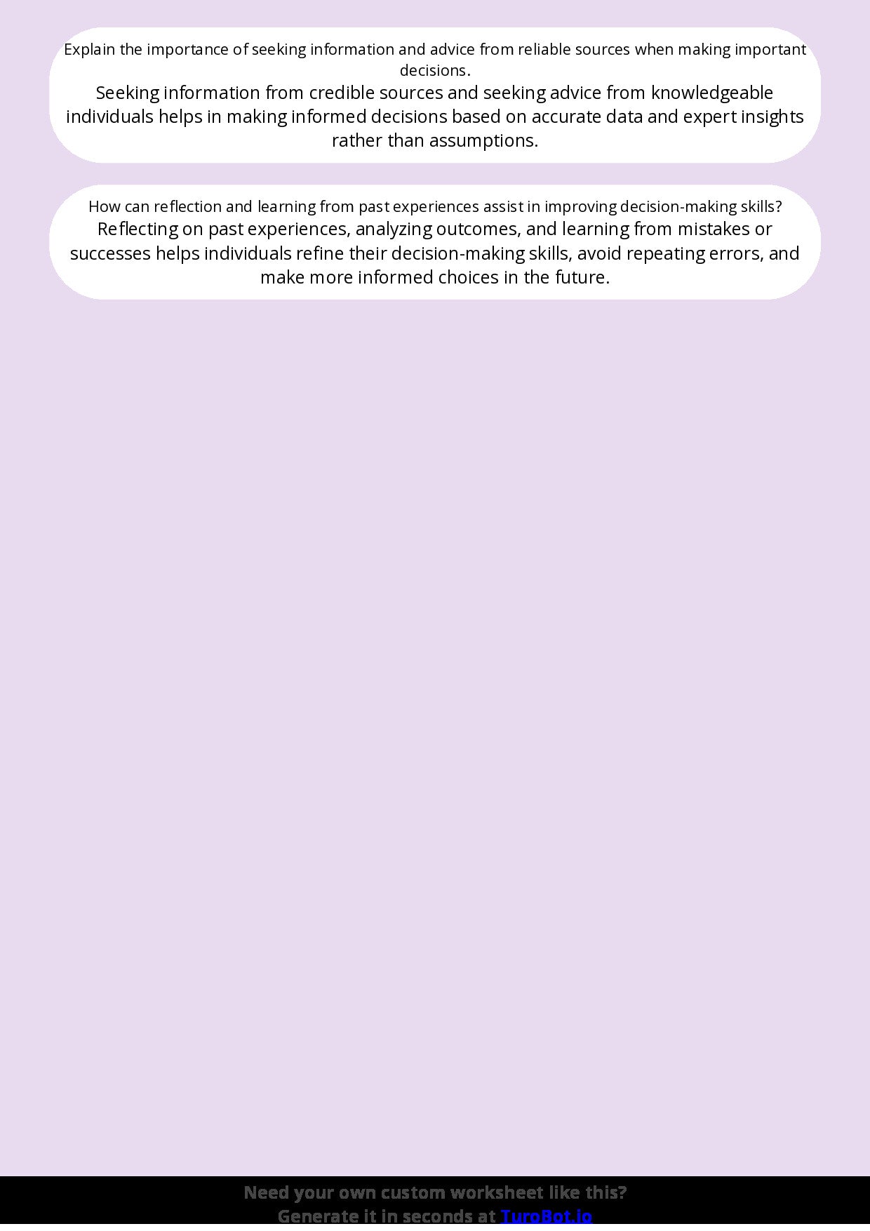 Free Worksheet - Year 11 Life Skills Making Safe and Responsible Decisions Short Answer Response