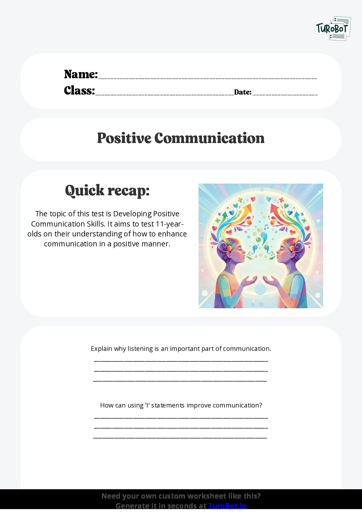 Free Worksheet - Year 6 Life Skills Developing Positive Communication Skills Short Answer Response