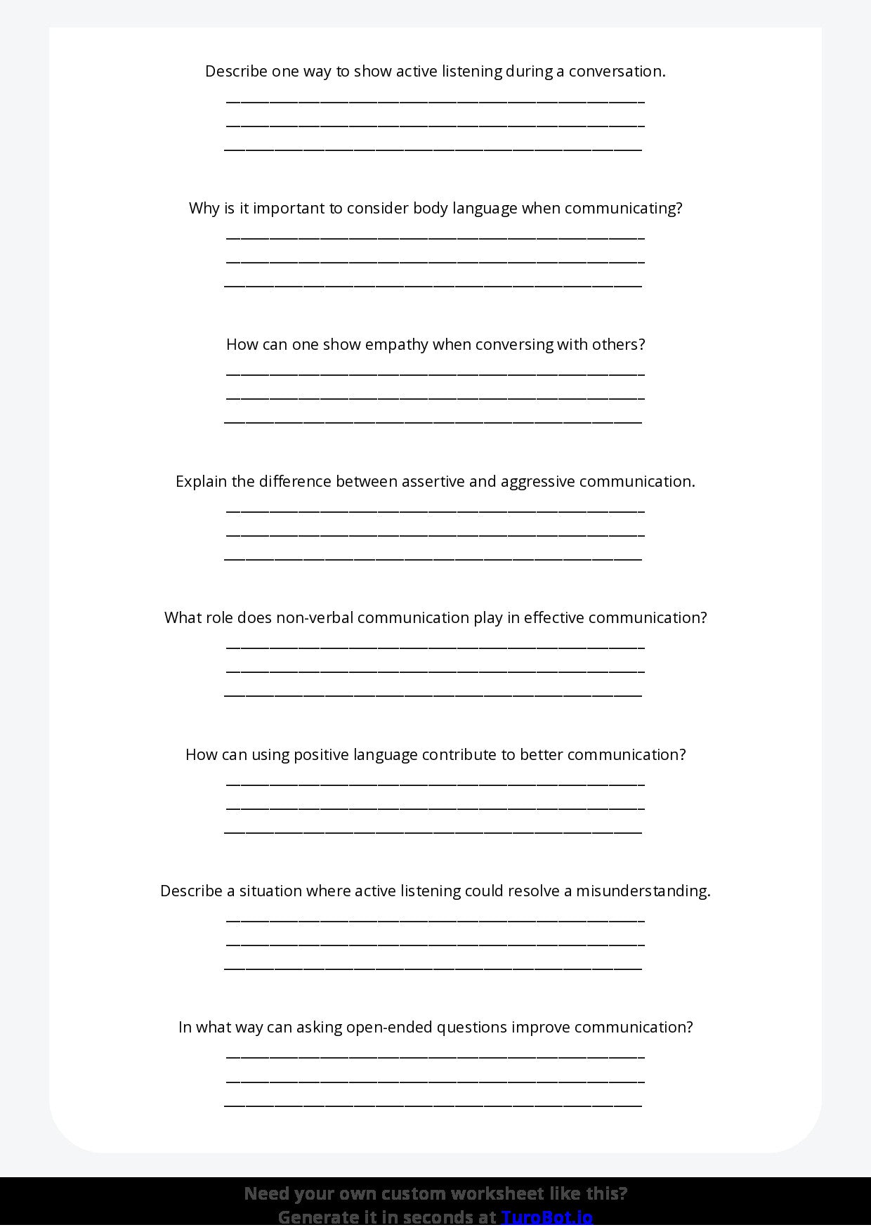 Free Worksheet - Year 6 Life Skills Developing Positive Communication Skills Short Answer Response