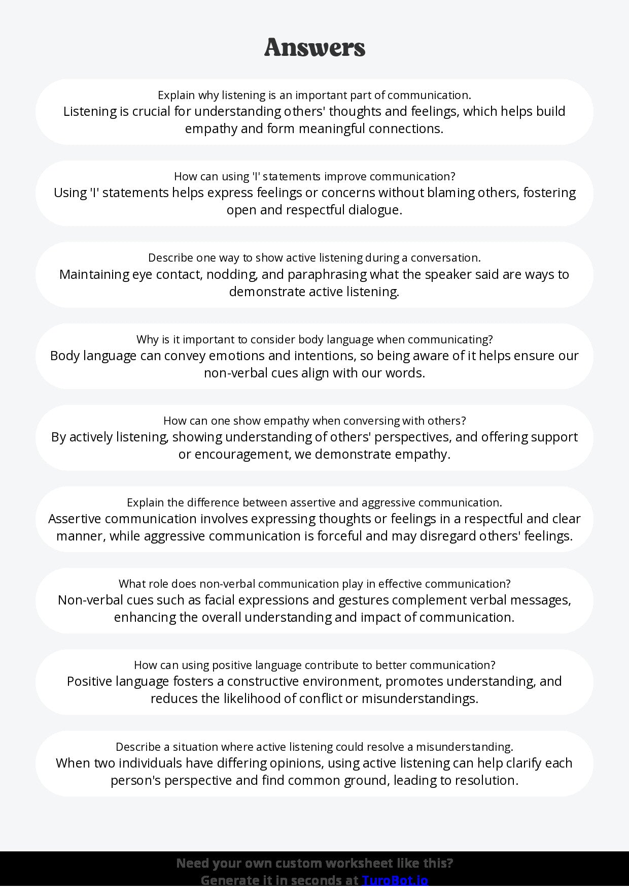 Free Worksheet - Year 6 Life Skills Developing Positive Communication Skills Short Answer Response