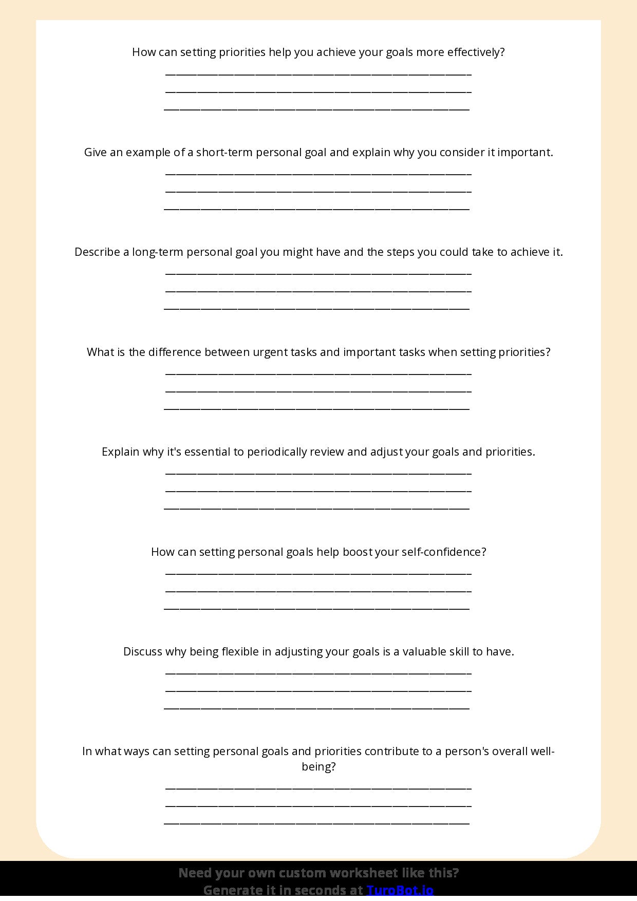 Free Worksheet - Year 6 Life Skills Setting Personal Goals and Priorities Short Answer Response