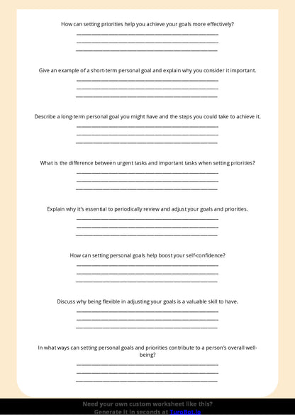 Free Worksheet - Year 6 Life Skills Setting Personal Goals and Priorities Short Answer Response