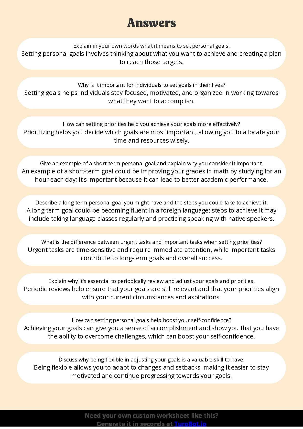 Free Worksheet - Year 6 Life Skills Setting Personal Goals and Priorities Short Answer Response