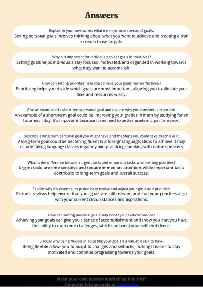 Free Worksheet - Year 6 Life Skills Setting Personal Goals and Priorities Short Answer Response