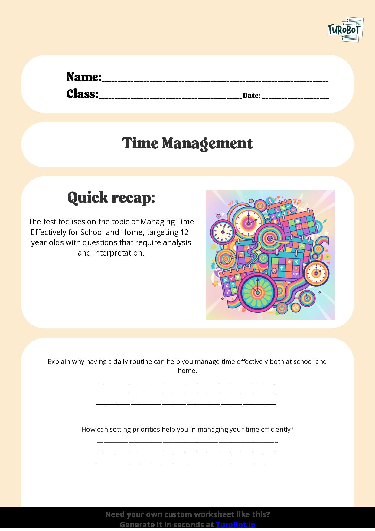 Free Worksheet - Year 7 Life Skills Managing Time Effectively for School and Home Short Answer Response