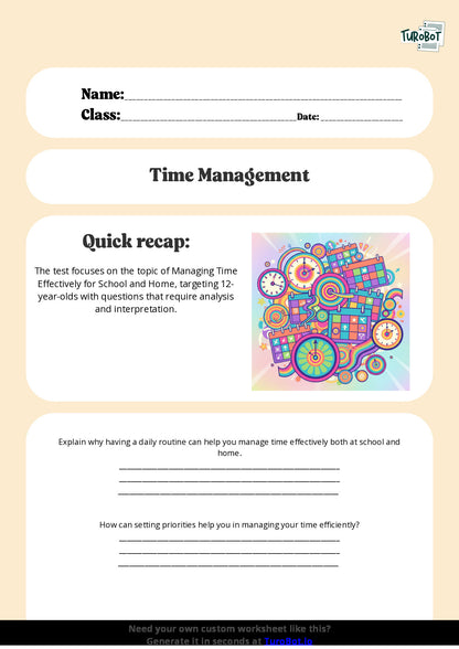 Free Worksheet - Year 7 Life Skills Managing Time Effectively for School and Home Short Answer Response