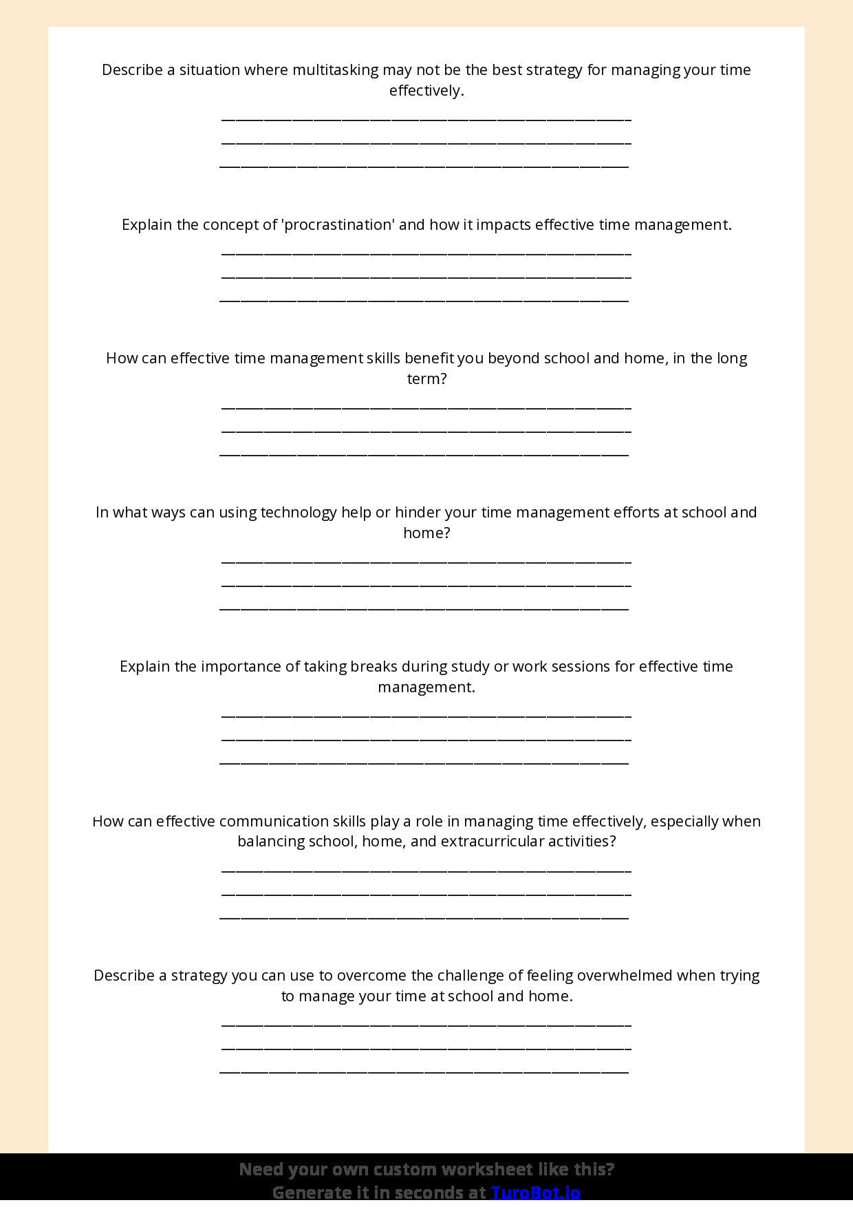 Free Worksheet - Year 7 Life Skills Managing Time Effectively for School and Home Short Answer Response