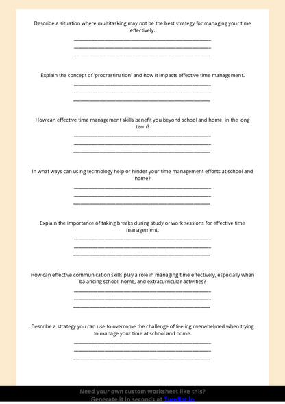 Free Worksheet - Year 7 Life Skills Managing Time Effectively for School and Home Short Answer Response