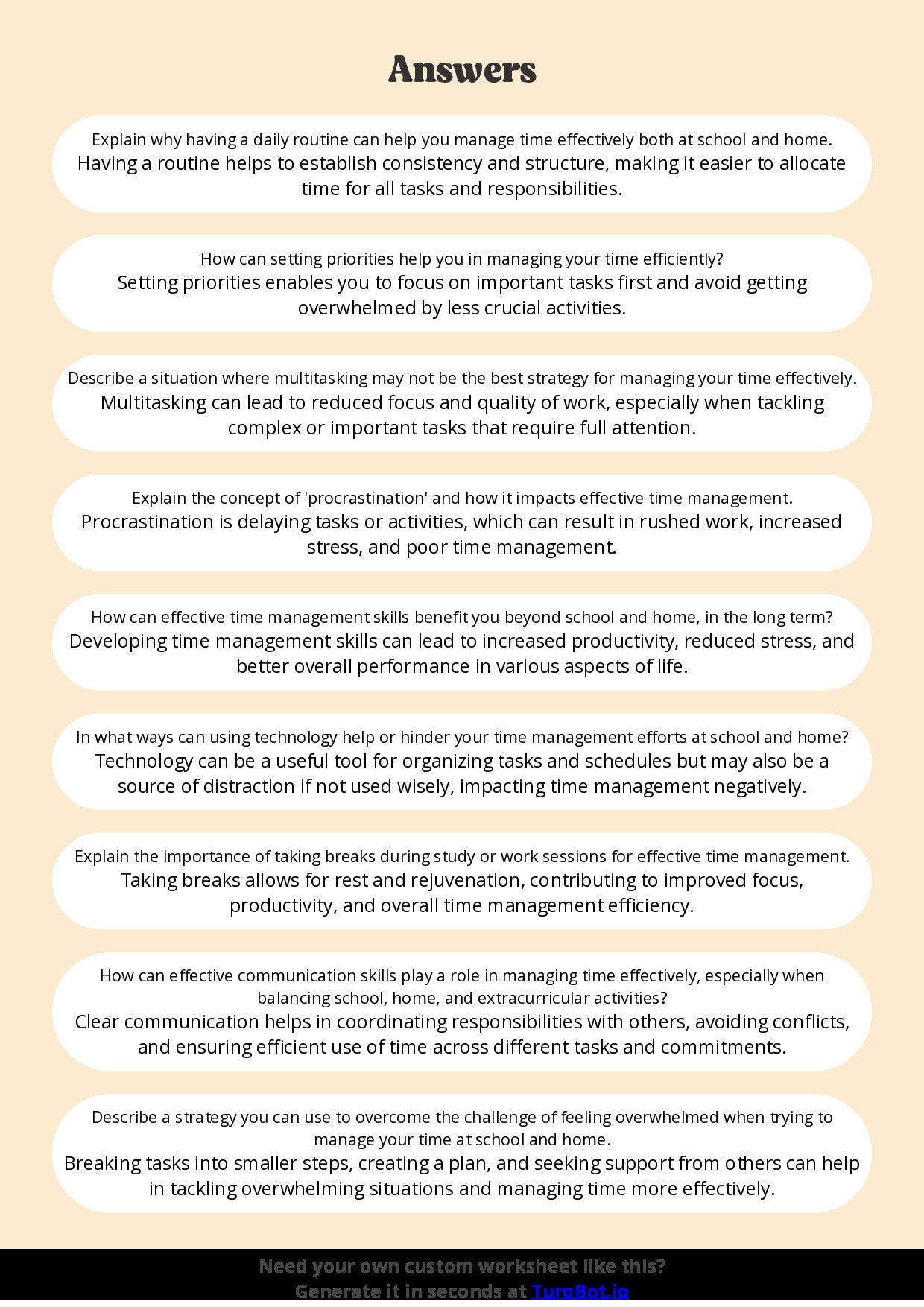 Free Worksheet - Year 7 Life Skills Managing Time Effectively for School and Home Short Answer Response