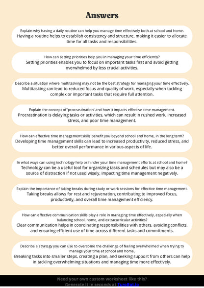 Free Worksheet - Year 7 Life Skills Managing Time Effectively for School and Home Short Answer Response