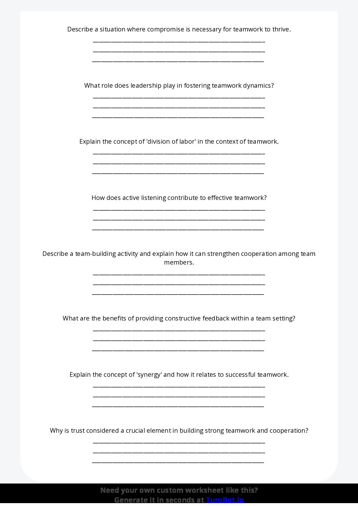 Free Worksheet - Year 7 Life Skills Understanding Teamwork and Cooperation Short Answer Response