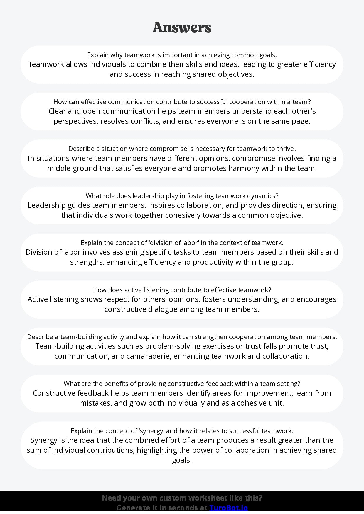 Free Worksheet - Year 7 Life Skills Understanding Teamwork and Cooperation Short Answer Response