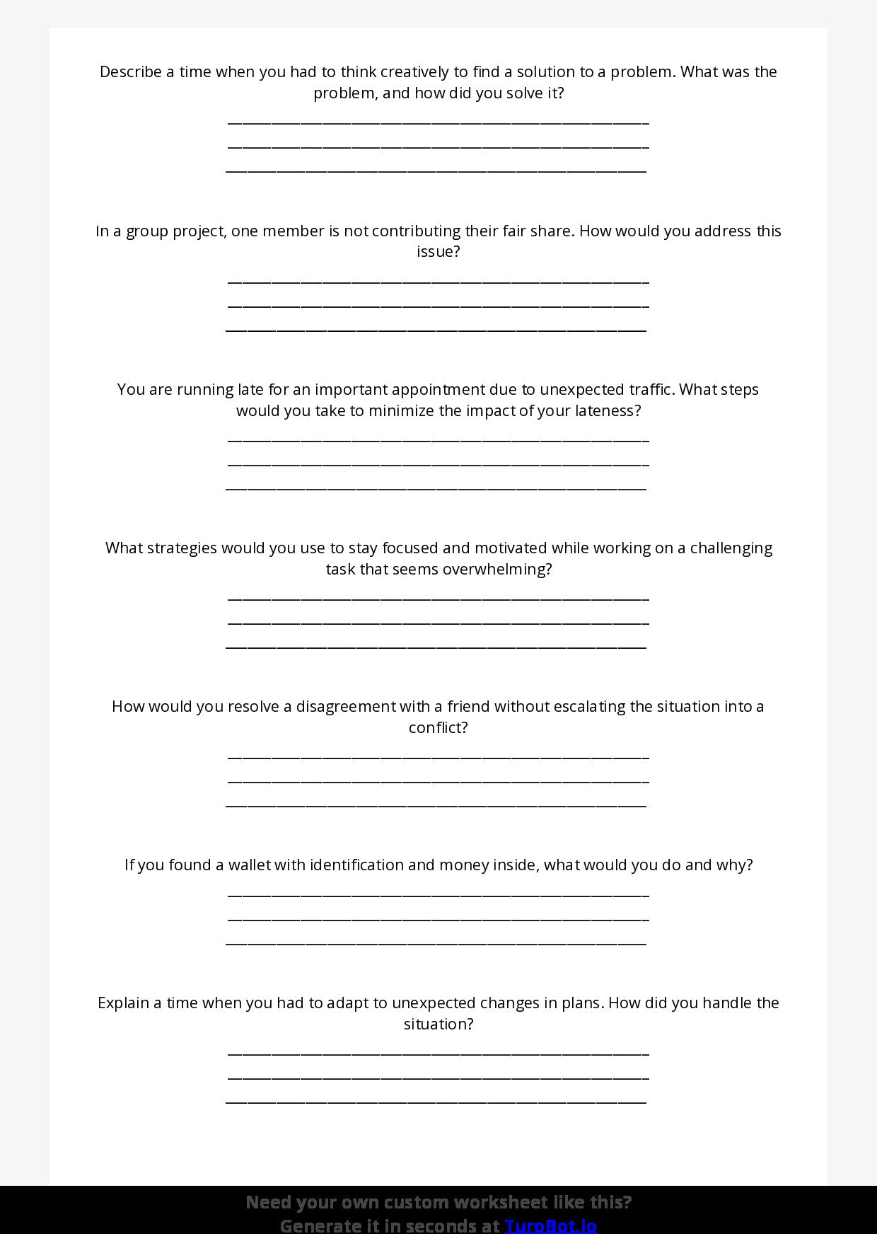 Free Worksheet - Year 8 Life Skills Problem Solving in Everyday Situations Short Answer Response