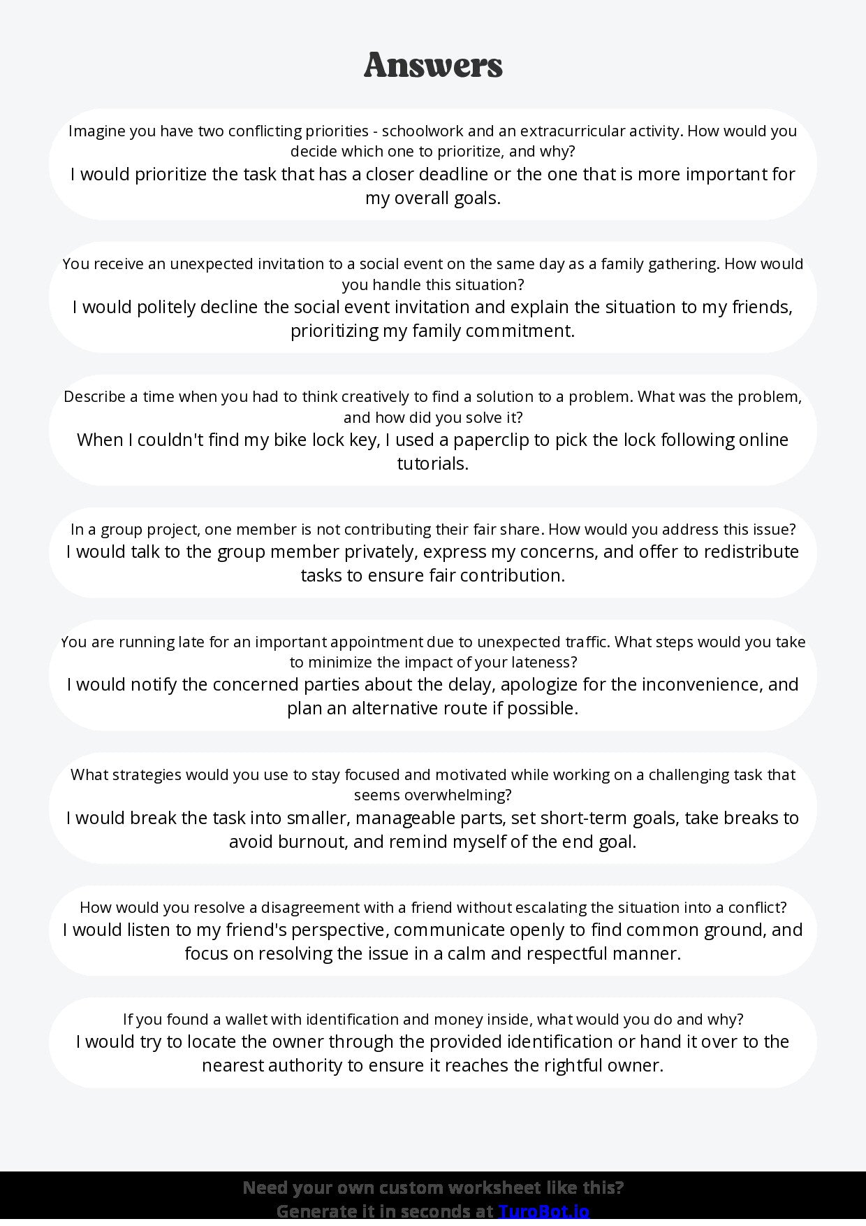 Free Worksheet - Year 8 Life Skills Problem Solving in Everyday Situations Short Answer Response