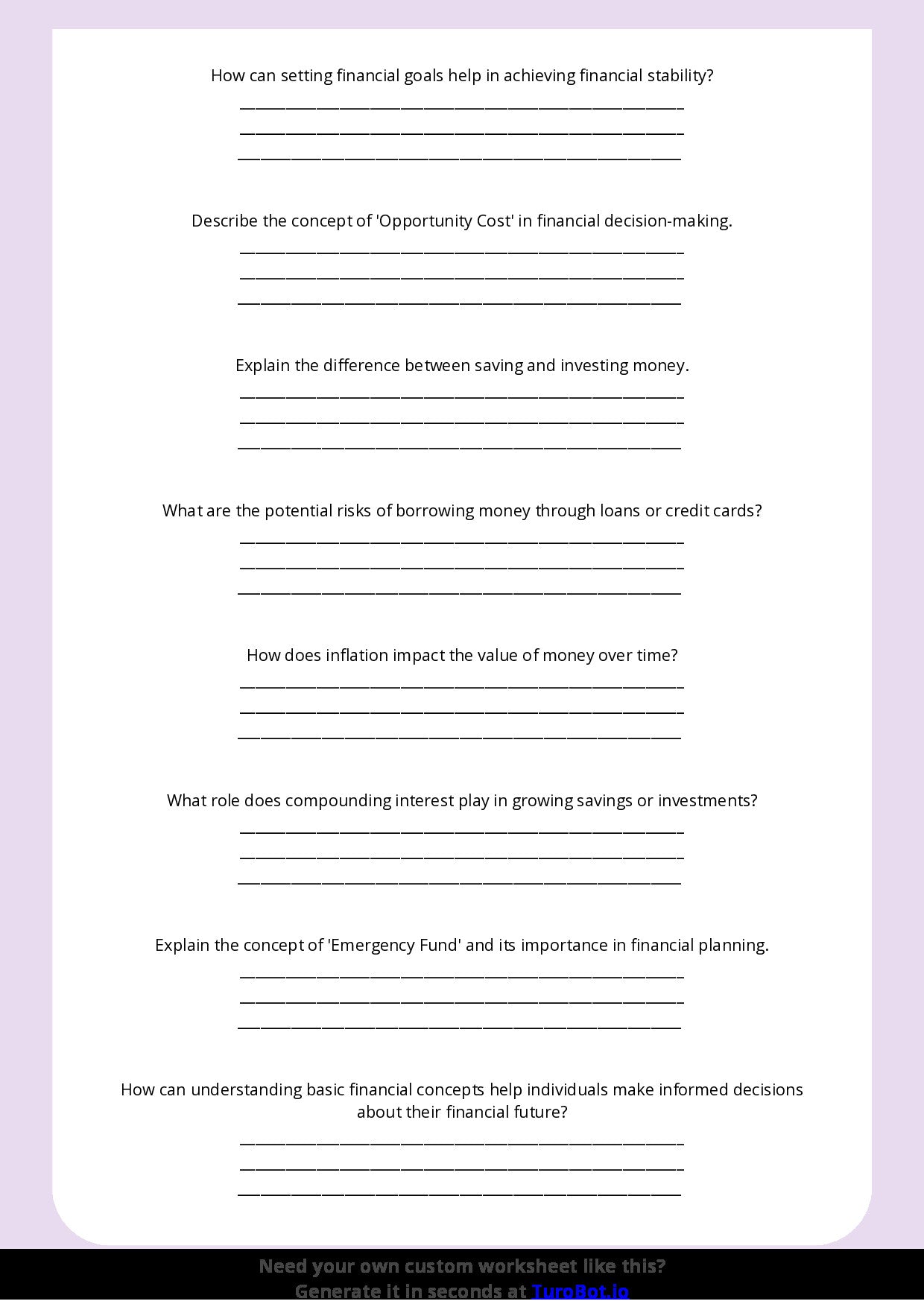 Free Worksheet - Year 8 Life Skills Understanding Basic Financial Responsibility Short Answer Response