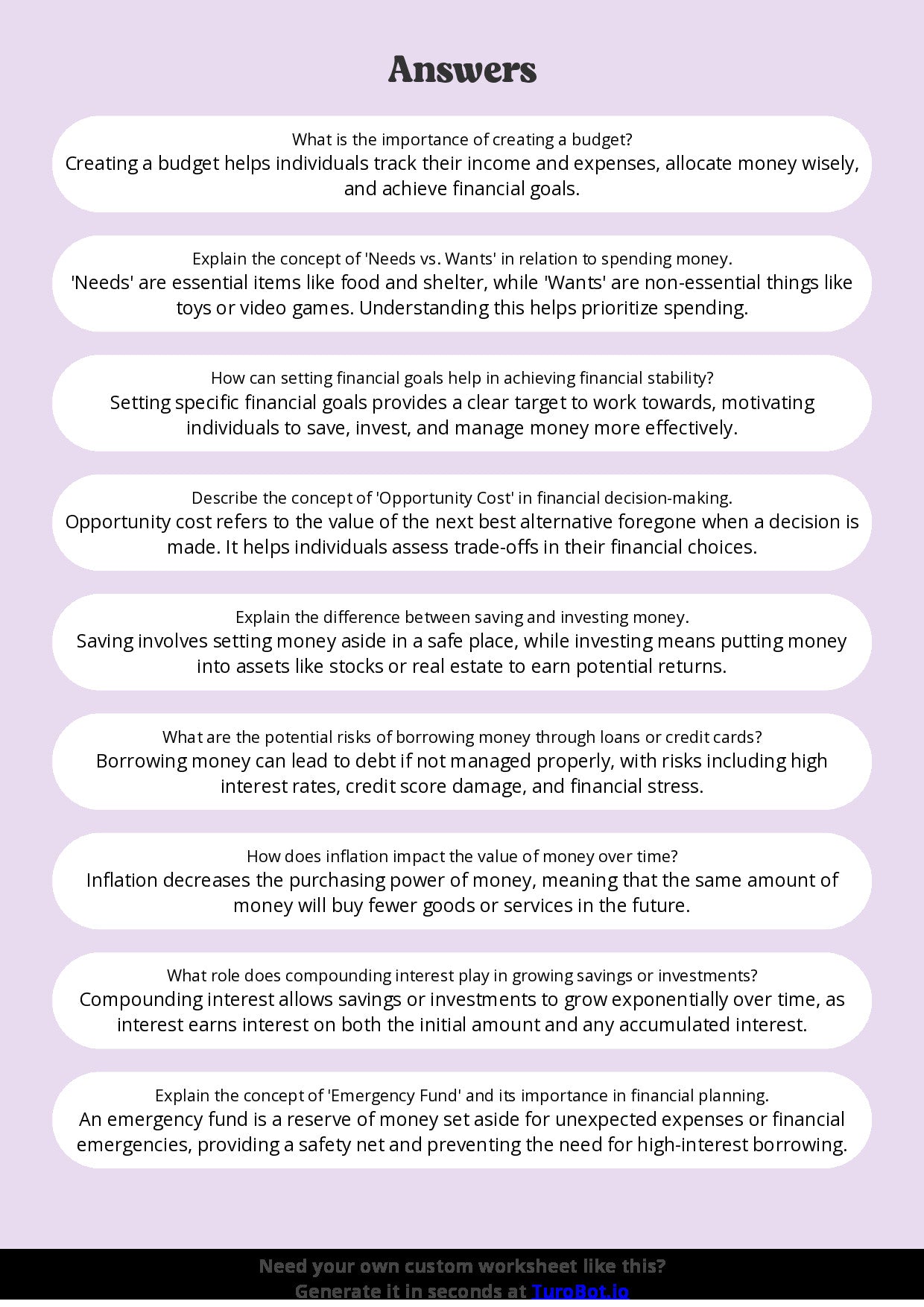 Free Worksheet - Year 8 Life Skills Understanding Basic Financial Responsibility Short Answer Response