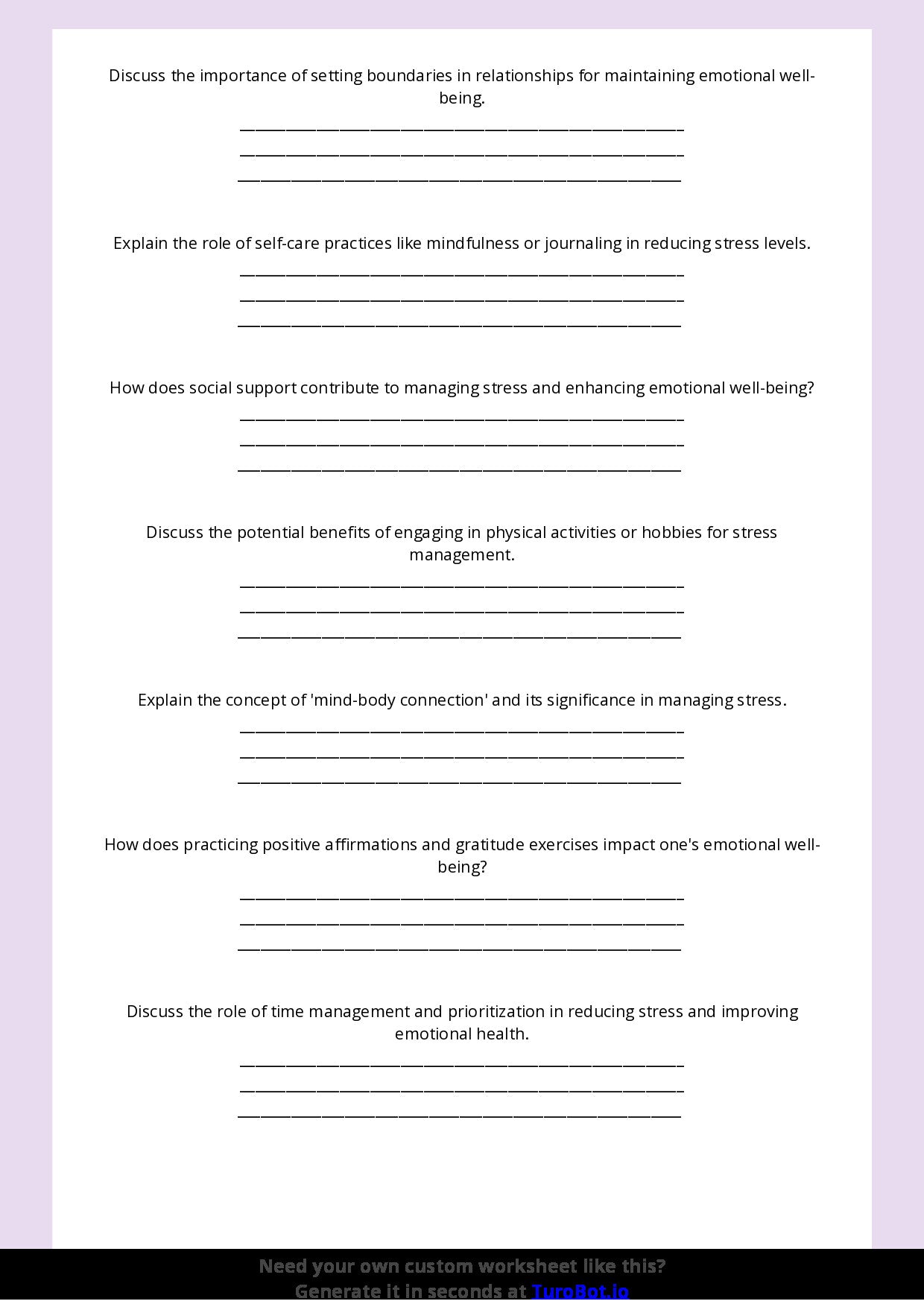 Free Worksheet - Year 9 Life Skills Managing Stress and Emotional Wellbeing Short Answer Response