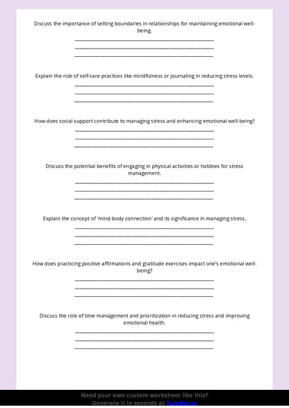 Free Worksheet - Year 9 Life Skills Managing Stress and Emotional Wellbeing Short Answer Response