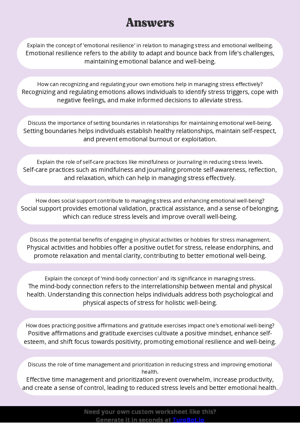 Free Worksheet - Year 9 Life Skills Managing Stress and Emotional Wellbeing Short Answer Response