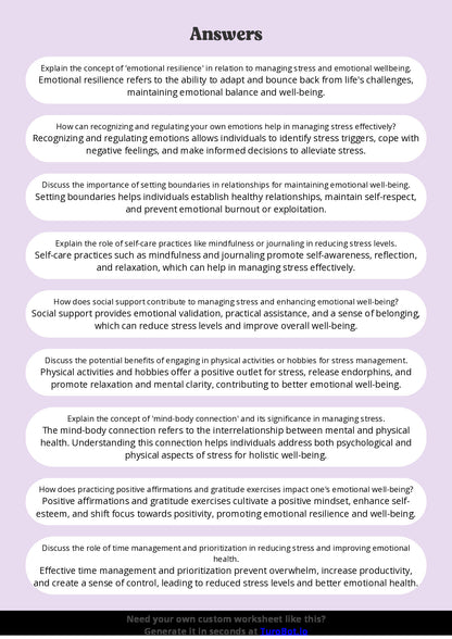 Free Worksheet - Year 9 Life Skills Managing Stress and Emotional Wellbeing Short Answer Response
