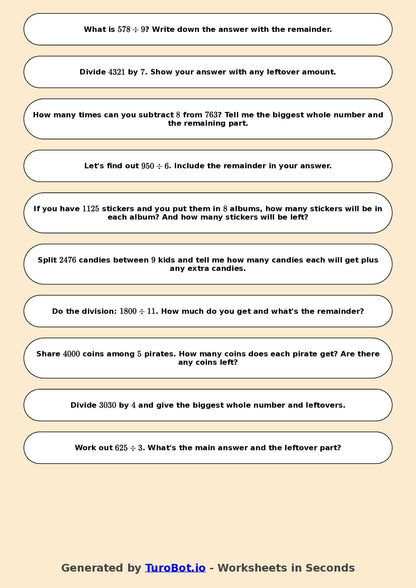 Math - Division - Year 3 - Challenge Long Division with Remainders